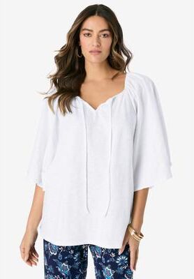 Plus Size Women's Notch Neck Textured Tee by Roaman's in White (Size 14/16)