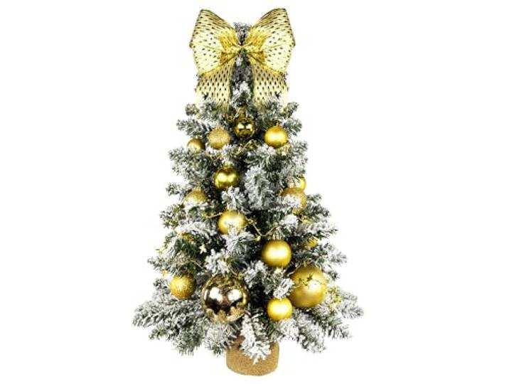 LAALU Künstlicher Weihnachtsbaum 60 cm mit LED-Beleuchtung – GOLDWEIHNACHTEN – mit 34 Weihnachtsbaumschmuck – Pflanztopf mit Jutesack