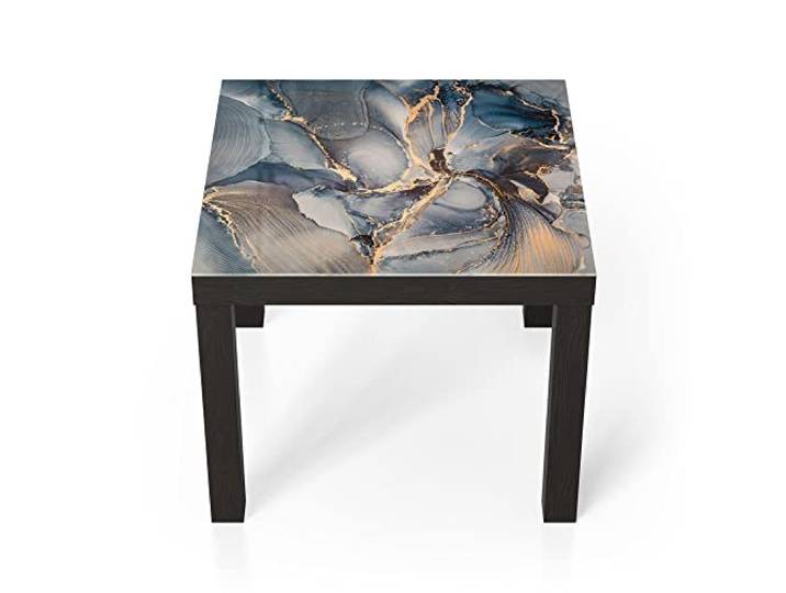 DEQORI Glastisch schwarz klein 55x55 cm Motiv Marmor-Farbspiel mit Gold ausgefallener Beistelltisch aus Glas Hochglanz Couchtisch fürs Wohnzimmer moderner Couch Tisch mit Design