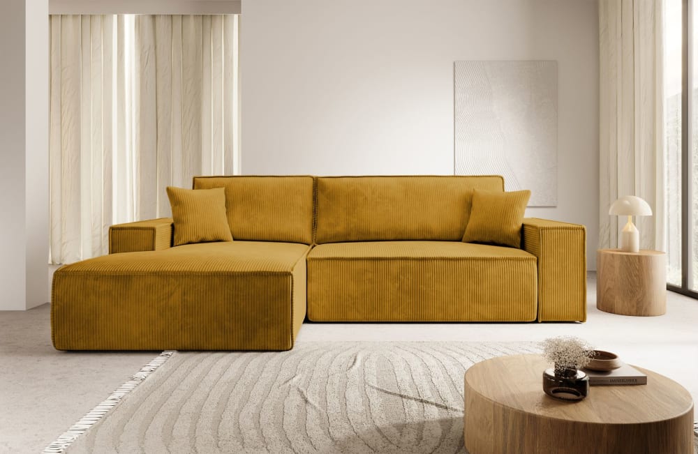 Selsey Canapé d angle convertible, velours côtelé, jaune moutarde, gauche Jaune 267x85x267cm