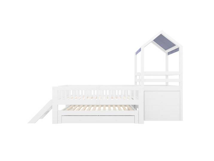 Lit cabane enfant 90x200 EVRYAE avec lit gigogne 90x190 échelle latérale et tiroirs blanc bois