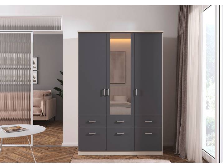Drehtüren-/Kombischrank Bremen 136cm Grau/Beige/Graumetallic/Kaschmir mit Spiegeltür/-en
