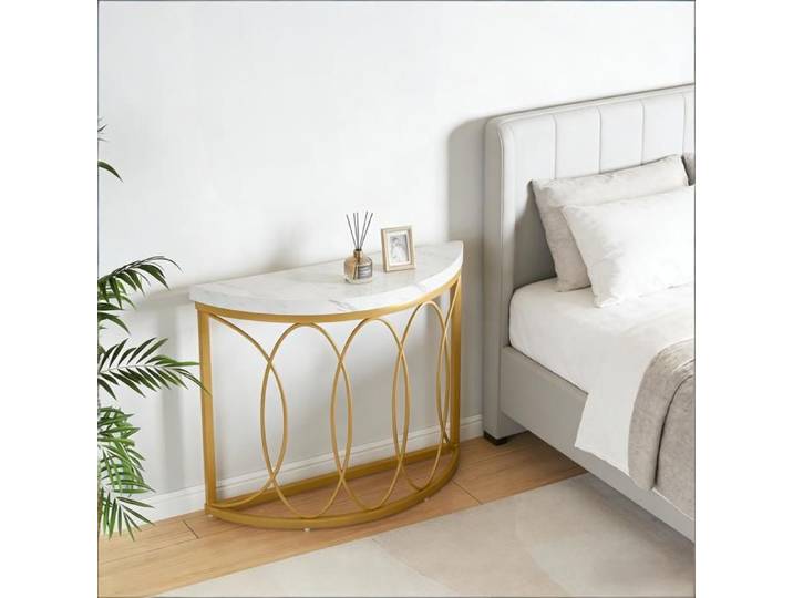 Console d'entrée 110x35 cm EVRYAE - plateau effet marbre structure métallique avec fixation murale - Or et Blanc