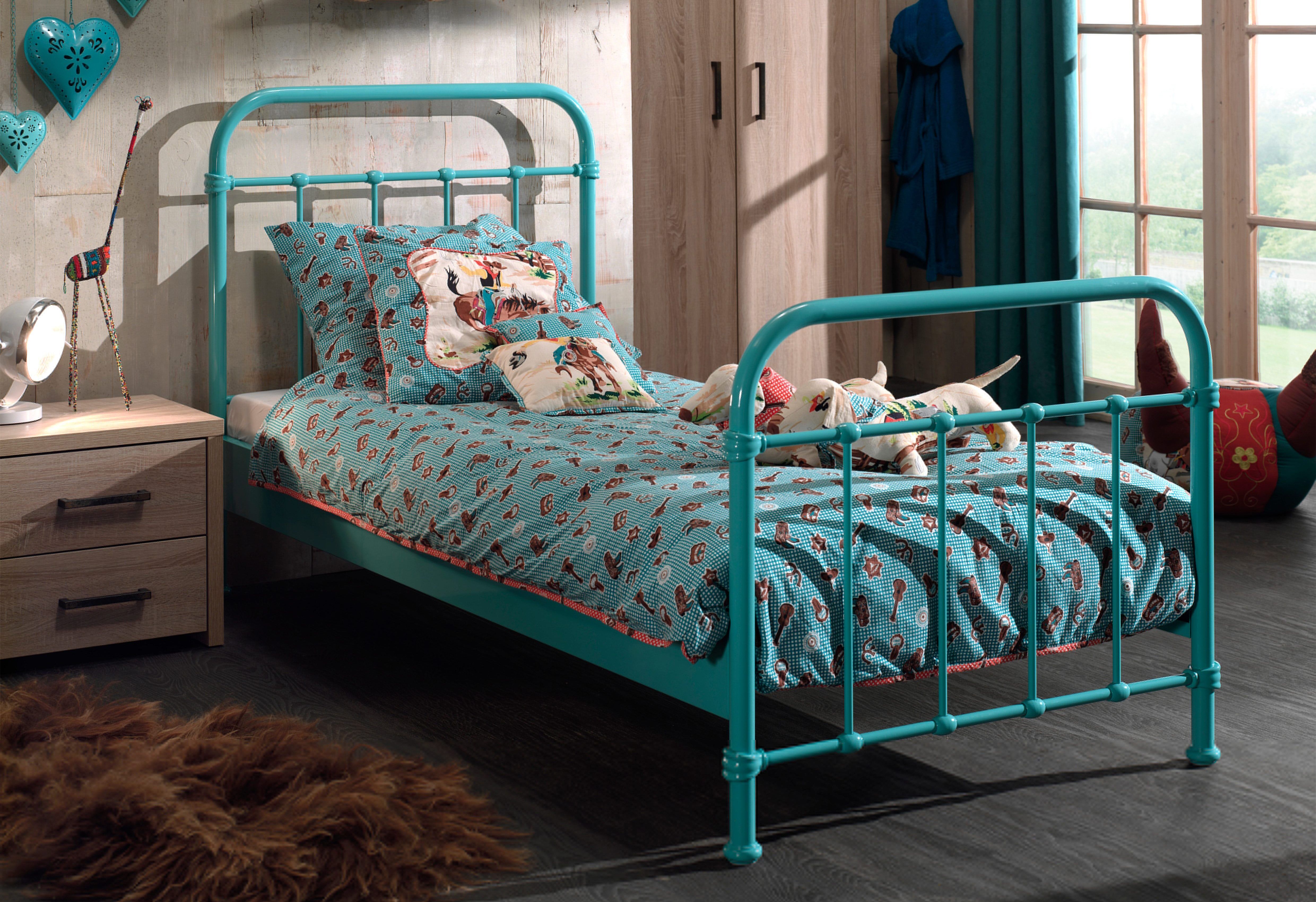 Einzelbett VIPACK "New York, Bettgestell Metall, pulverbeschichtet, in zeitlosem Design", blau (türkis), B:95cm H:100cm L:210cm, Betten, Einzelbett, zwei Breiten und mehrere Farben zu Auswahl türkis Liegefläche Länge B: 200cm x 90cm, Höhe Bett: 100cm Höhe