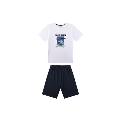 Schlafanzug SANETTA "Pyjama Pyjama short Teens Sharks", Jungen, Gr. 152, bunt (weiß), Obermaterial: 100% Baumwolle CO., Homewear-Sets Schlafanzug