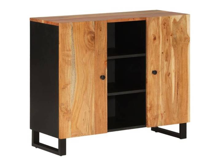Buffet en bois massif d'acacia - GKO - 90x33x75 cm - Brun - 2 portes - 7 compartiments - Finition naturelle