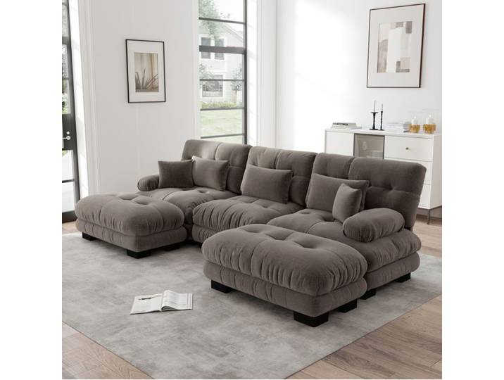 Canape Modulable En U Chenille Marron Canape D'Angle Reversible FloraGrace Pour Salon Ottomans Assortis 313x145x81cm