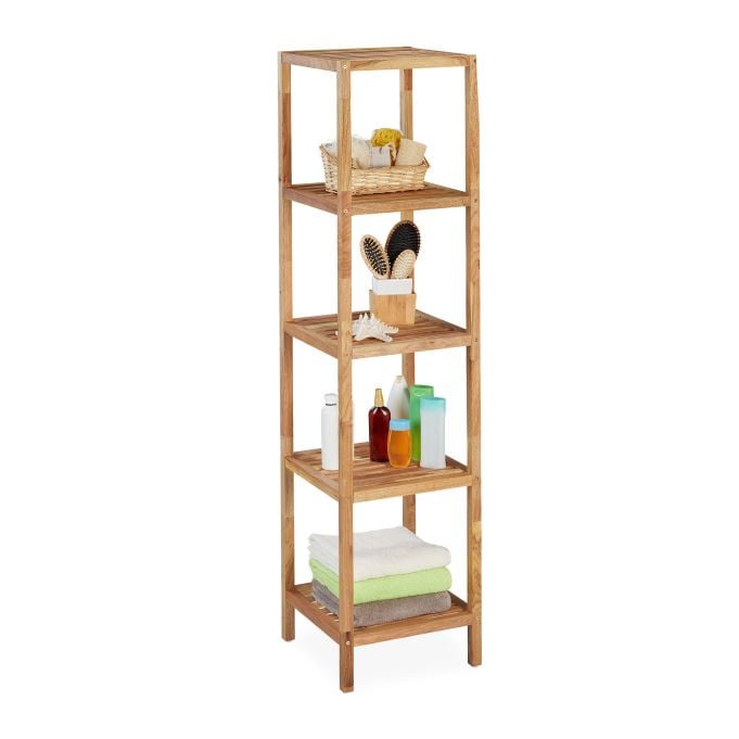 Relaxdays Badkamerrek van walnotenhout, 5 etages, Bruin, H 145 x B 36 x D 36 cm