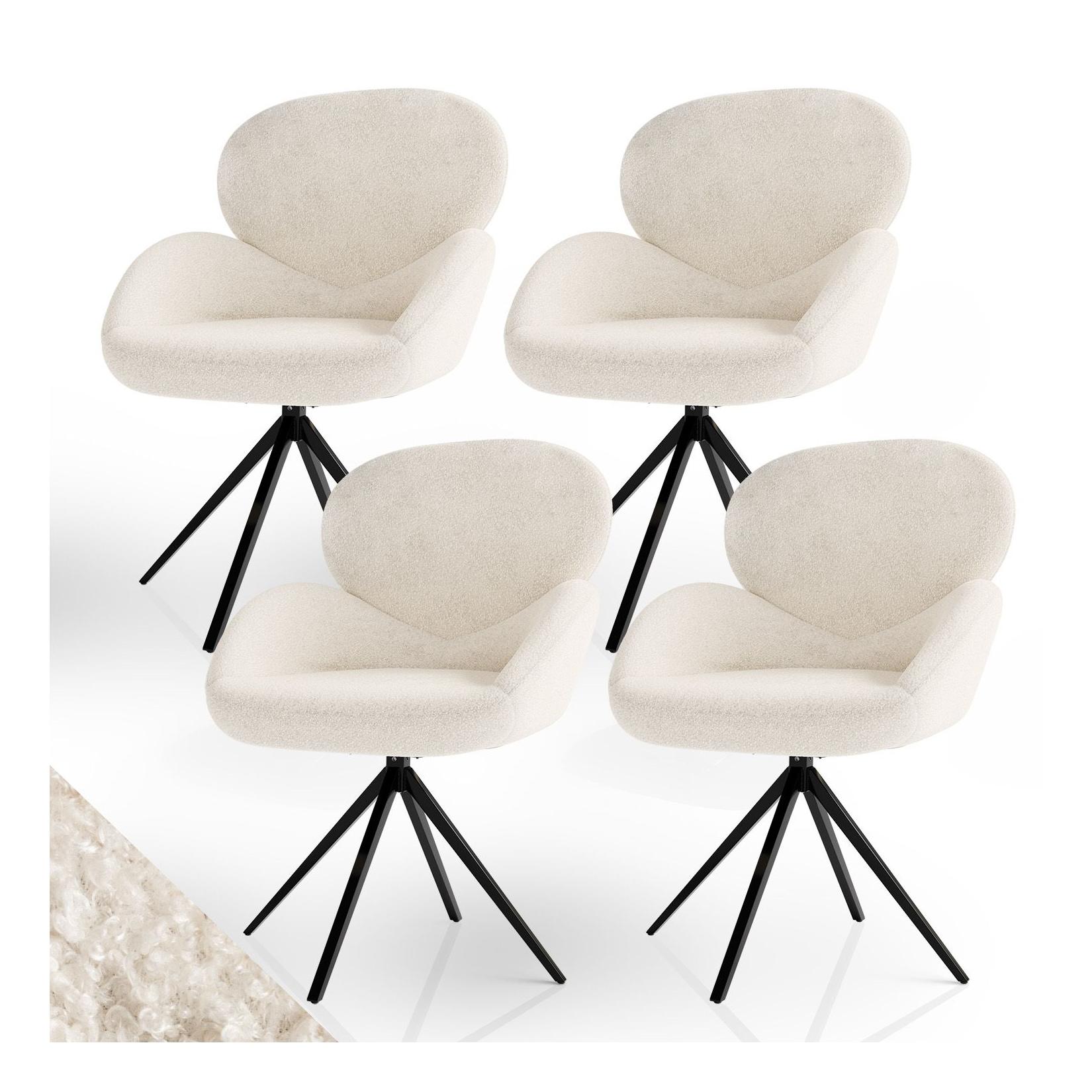 Juskys Drehstuhl Albano – Bouclé Stoff, 360 Grad drehbar, verstellbare Füße, gepolstert – Creme 4er Set