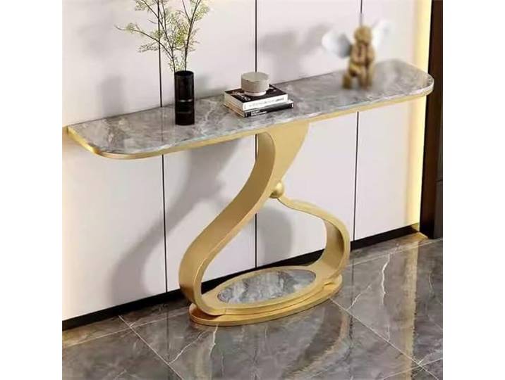 Weiwehome Moderner Konsolentisch mit Marmorplatte und skulpturalem Design Marmoroptik, skulpturaler Sockel, Eingangstisch, flurmöbel, platzsparend(Gold-b,59.1in*13.8in)