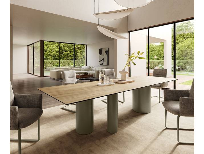 Esstisch Edge 300x100 Keramik Laminam® Sabbia Eichefarbig Troa Metall Effektfinish Titan, Esstische