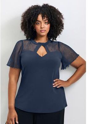 Plus Size Women's Lacey Flutter Sleeve Lace Top by Avenue in Navy (Size 14)