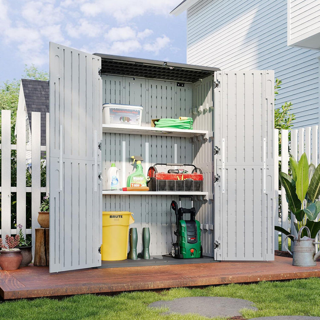 JolyDale 4.4 ft. W x 2.5 ft. D 1800L Vertical Storage Sheds Outdoor Waterproof with Floor & Shelves White,Grey 133cm W X 75.5cm D X 190.5cm H