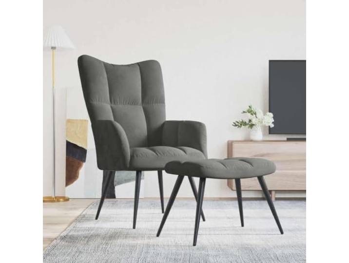 HEFZGDB Relaxsessel mit Hocker Dunkelgrau Samt Moderner Blockmuster Design mit Stahlgestell für Stabilität und Langlebigkeit Bequemer Schaumstoff Polster Sitzkomfort