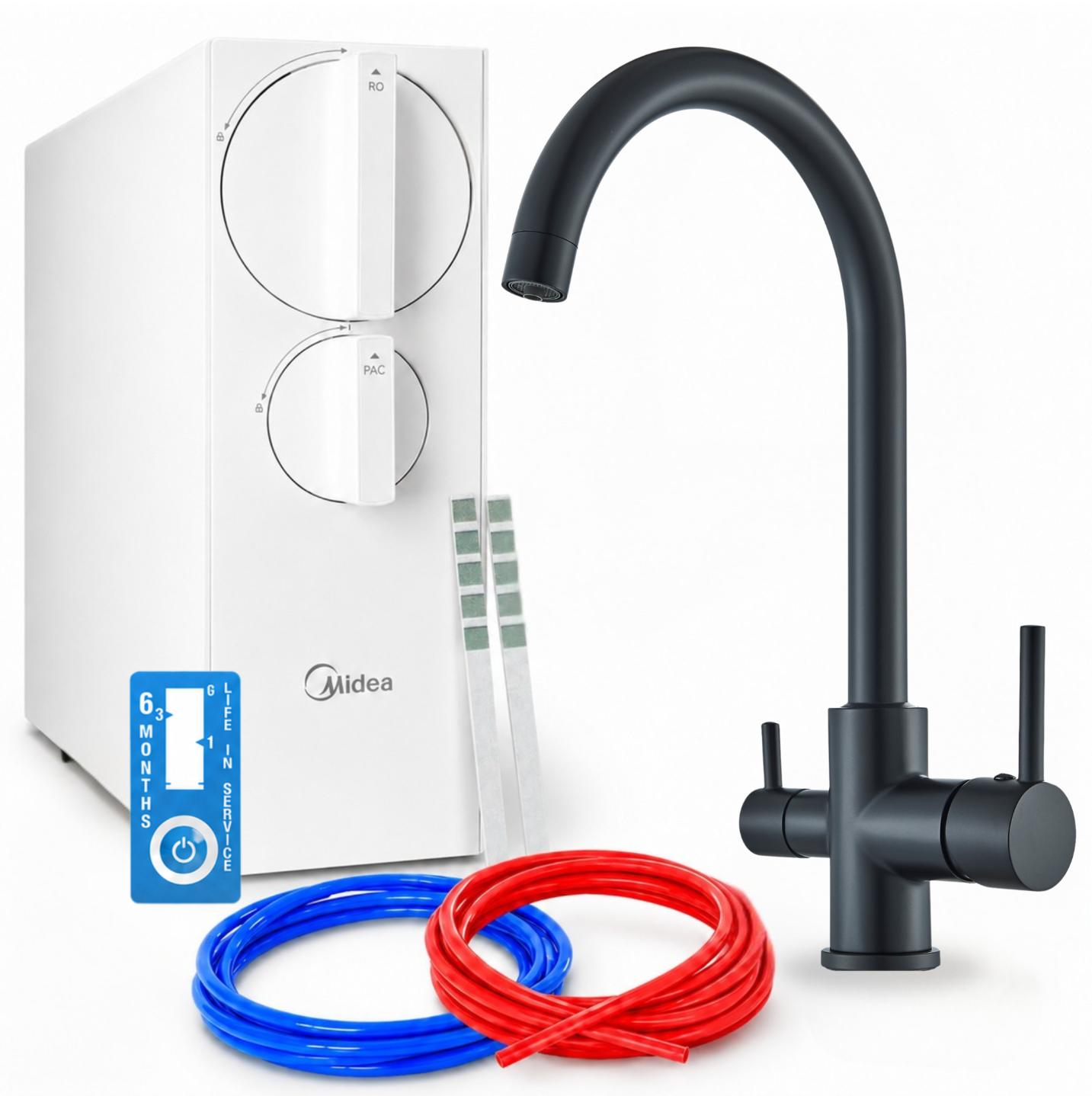Küchenarmatur Mit Umkehrosmose-Wasserfilter Ari Linko 800 Gpd, Zweigriffarmatur, Keramikkartusche, Perlator, 360 Grad Schwenkbar, Messing, Schwarz Matt