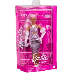 Mattel HYV25 - Barbie - Deluxe Style - Puppe mit violettem Metallic-Outfit, Samthandschuhen und Acceessoires