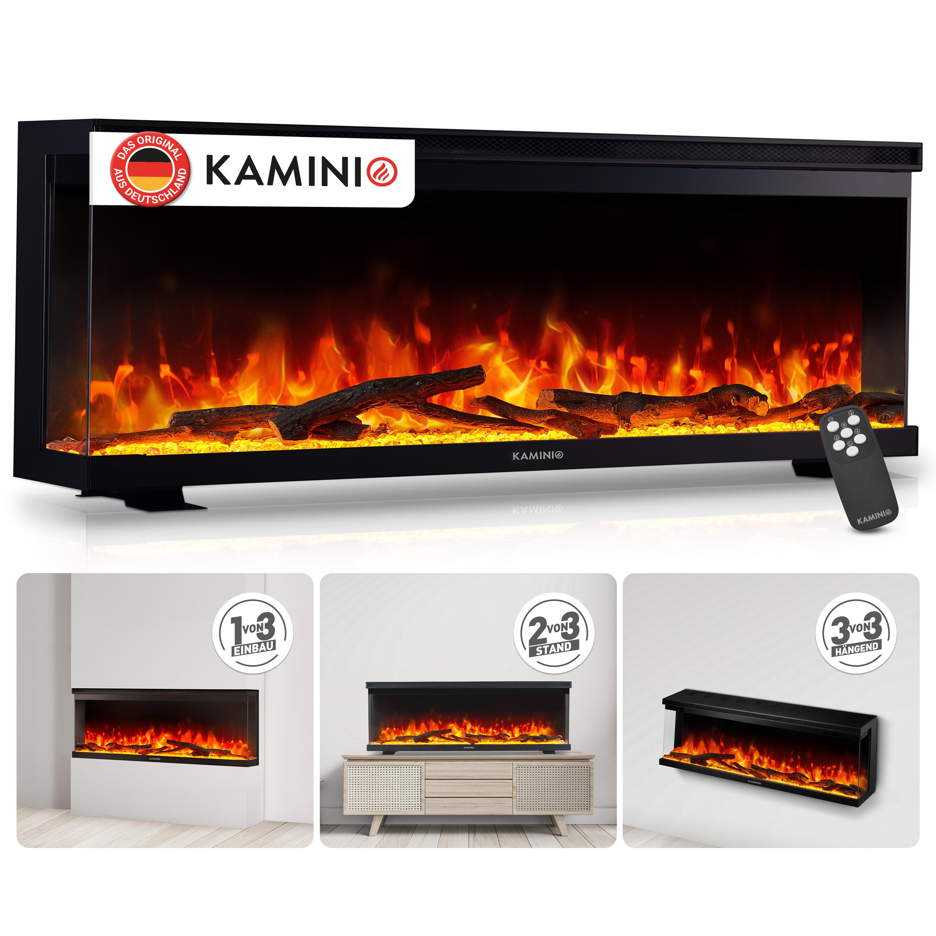 KAMINIO Elektrokamin LEA - Elektrischer 3-in-1 Kamin mit Panoramaview, Heizung, 3D-Flammeneffekt, 12 Flammenfarben, Fernbedienung - 50 Zoll