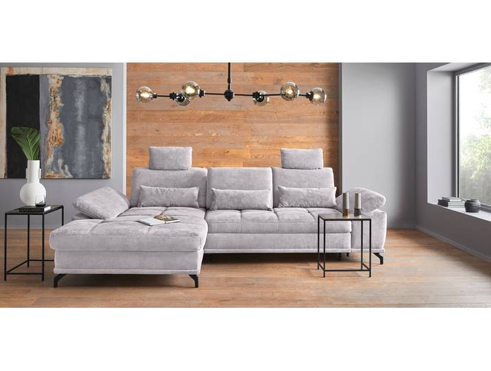Ecksofa GOODPRODUCT Costello L-Form, Sitztiefen- & Armteilverstellung, 3 Nierenkissen , silber, B:301cm H:89cm T:176cm, 100% Polyester;Samtoptik (100% Polyester), Sofas, Ecksofa, optional Schlaffunktion & Stauraum, Federkern