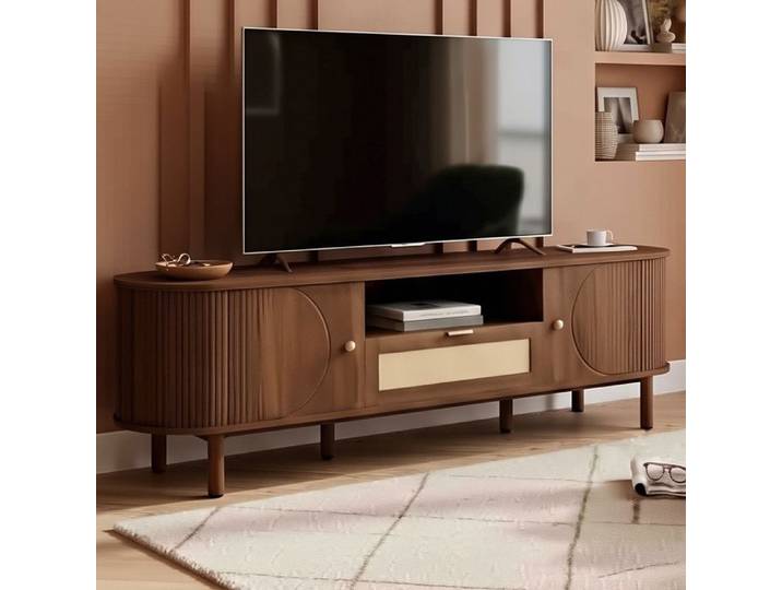 Meuble TV 175cm - Design Arrondi & Rotin - Rangement Ouvert - MDF Effet Noyer