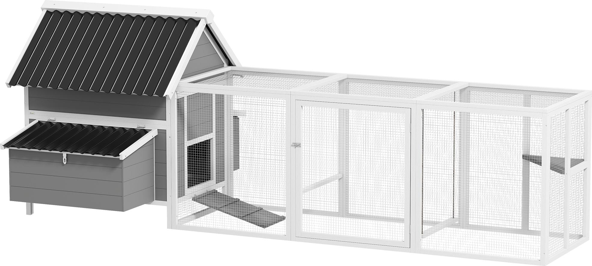 Großer Hühnerstall für 7-10 Hühner, Sitzstangen, Schaukel, Fenster, Nistkästen, Maschendraht, Grau