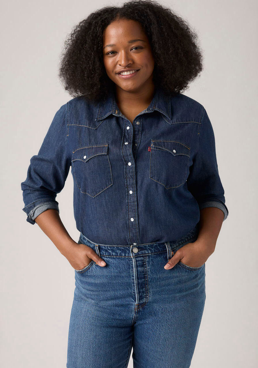 Jeansbluse LEVI'S PLUS "PL ULTIMATE WESTERN T3", Damen, Gr. XXXL (50), blau (smokin hot), Web, Obermaterial: 100% Baumwolle, unifarben, regular fit normal, ohne Ausschnitt, Manschette, Blusen Jeansbluse, mit Taschen smokin hot XXXL (50)