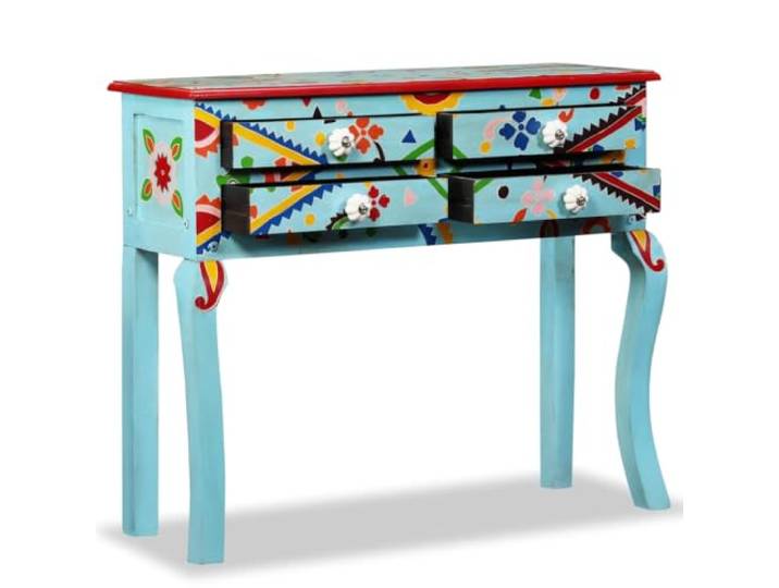 Konsolentisch Massivholz Mango Blau Handbemalt 4 Schubladen Mangoholz, handbemalte Details, 4 Schubladen, markante Griffe, Vintage-Look, Flur, Wohnzimmer, Schlafzimmer, leichter