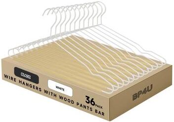 BP4U Heavy Duty Metal Clothes Hangers with Pants Bar, Wire Hangers with Beech Wood Trouser Bar for Sweaters, Jackets, Jeans