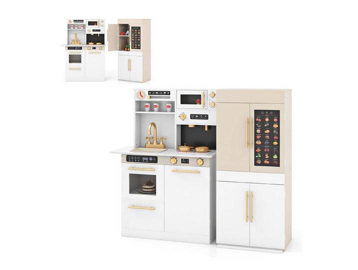 COSTWAY Spielküche Holzspanplatte, ABS, Mit pädagogischem sprechendem Wandposter, Kaffeemaschine