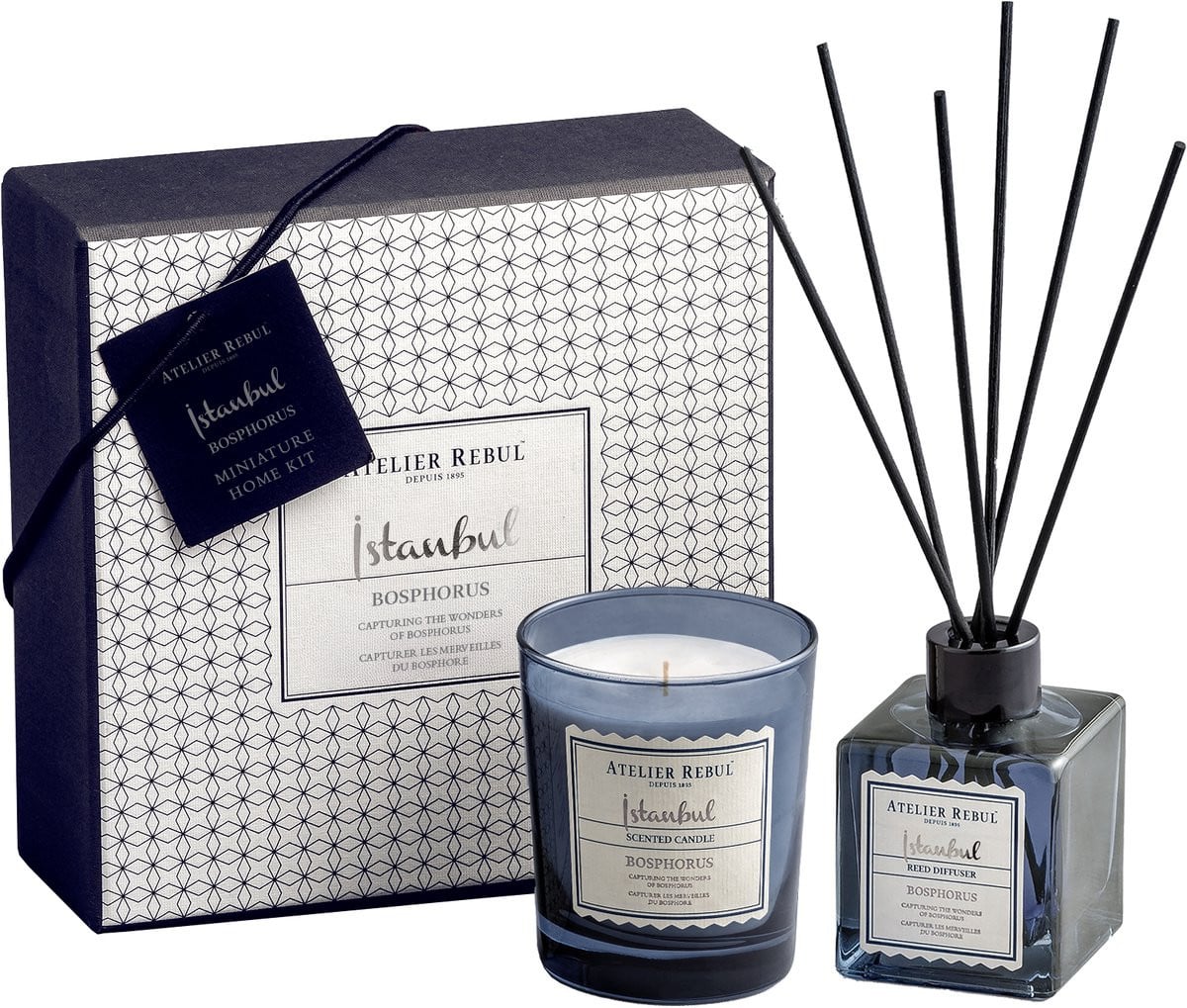 Atelier Rebul Istanbul Bosphorus Luxury Mini Home Geschenkset met Geurstokjes (50ml) en Geurkaars (65g) - Frisse & Aquatische geur