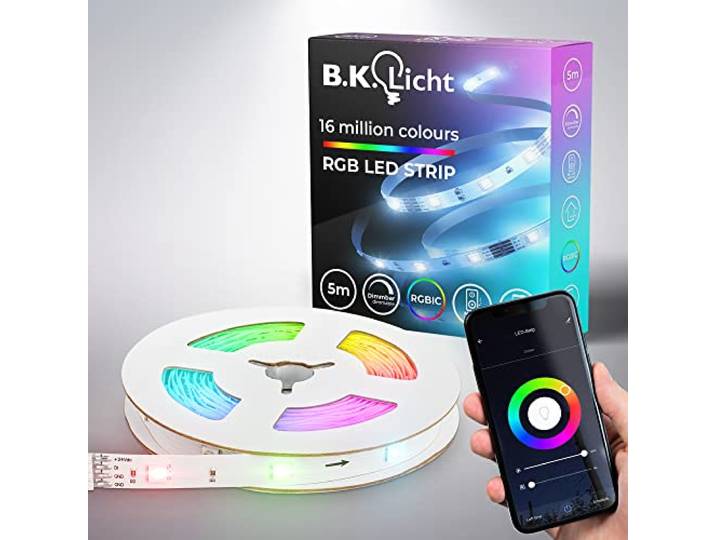 B.K.Licht I Wifi RGBIC LED Strip 5 m I App Steuerung I Musiksensor I Lichtleiste I LED Lauflicht I RGBIC LED Streifen I kompatibel mit Alexa I Smartes LED Band I selbstklebend