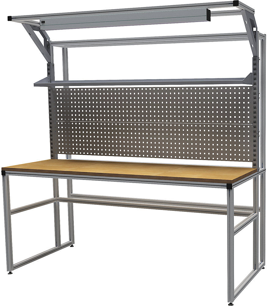 workalu® Arbeitstisch mit Systemaufbau, einseitig, 1 Fachboden, 2 Lochwände, Arbeitsplatzleuchte, Plattenbreite 1950 mm bedrunka hirth