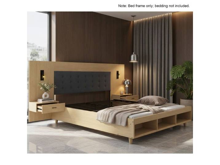 CollaHausse Lit Coffre 180x200 cm Bois Chêne avec USB-C Lampe et 2 Tables de Chevet
