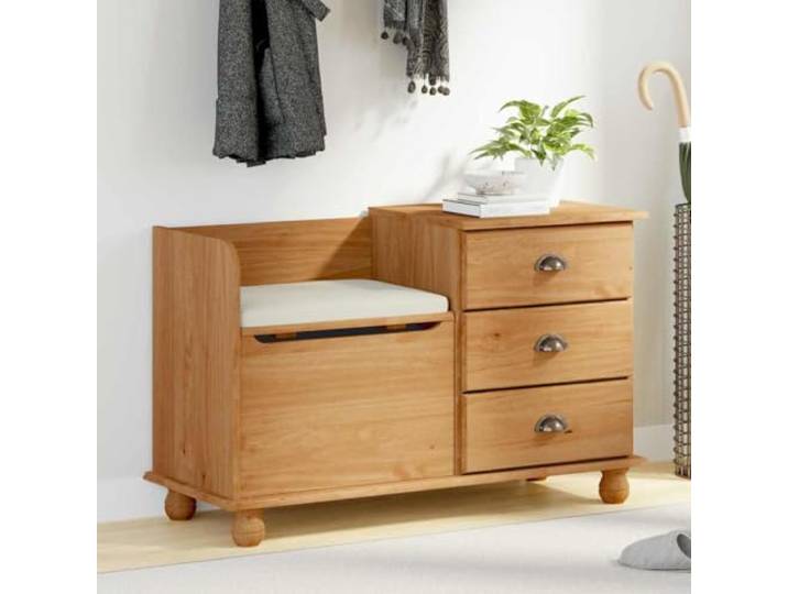 Sitzbank mit Stauraum aus Massivholz Kiefer Braun 100x39x62 cm mit 3 Massivholz Kiefer, 3 Schubladen mit Griffen, Stauraum unter Sitzfläche, Brötchenfüße, modernes Design