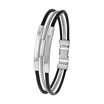 Armband AMOR "3-reihig", silber (edelstahlfarben, schwarz), Armbänder, Herren, 21cm, Edelstahl Kautschuk, Edelstahl, Kautschuk, Armband