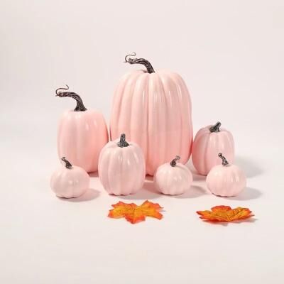 Uplifted Finds Artisanal Harvest Pumpkin Collection   7 Piece Premium Simulated Pumpkin Set For Autumn Weddings & Halloween Decor pink