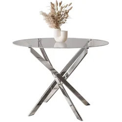 ESSTISCH BEIRA Runder Tisch 90 cm mit Glasplatte und Chrom Tischbeine