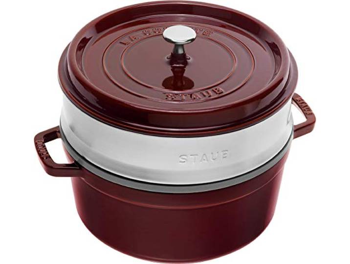 STAUB Cocotte, Gusseisen Bräter mit Dampfeinsatz aus Edelstahl, 26 cm, 5,25 L, Rund, Alle Herdarten inkl Induktion, Made in France, Grenadine-Rot