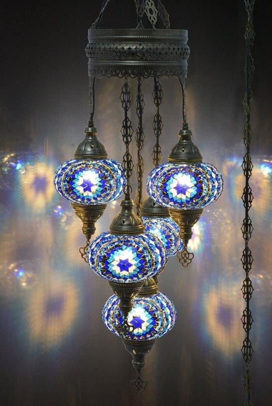 Halay Turkse hanglamp met vijf blauwe mozaïekglas bollen