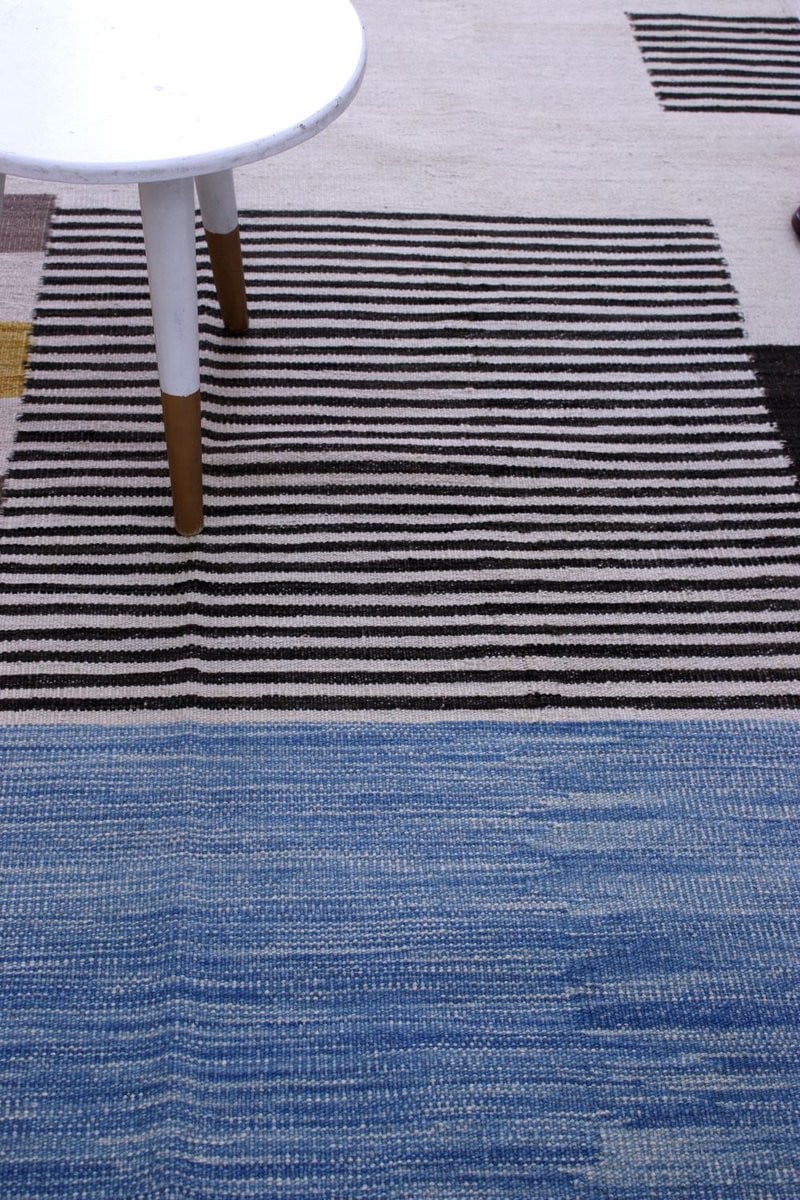 Blauw Handgeweven Wollen Vloerkleed Kelim Modern - Rechthoekig