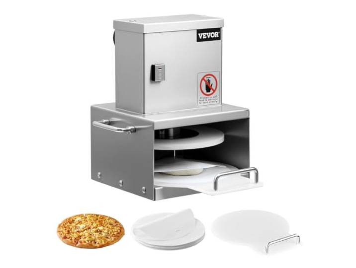 VEVOR elektrische Pizzateigpresse mit 15,24 cm Gebäck-Pressplatte, Brotpresse aus Edelstahl, kommerzielle Formmaschine mit einstellbarer Dicke & 100 Stk. Pergamentpapier, Pizza-Teigrolle