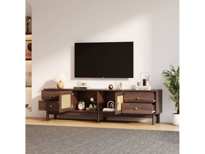 Meuble TV 180 Cm Marron Foncé Aspect Bois Avec 2 Portes En Cannage 4 Tiroirs Passe Câbles Jusqu À 80 Pouces