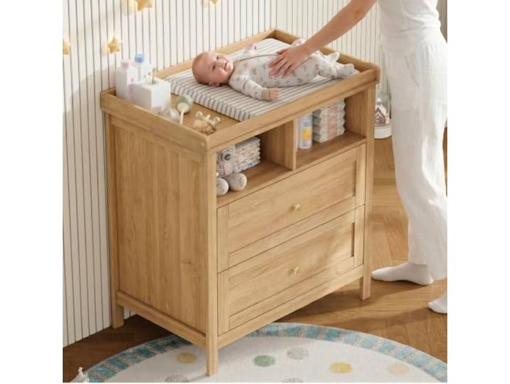 Baby Wickelkommode Multifunktional – Wickeltisch mit abnehmbarem Aufsatz Kommode mit Wickelaufsatz Holzoptik, 2 Schubladen & offenen Fächern – wandelbar zum Schrank, 82x50x90cm