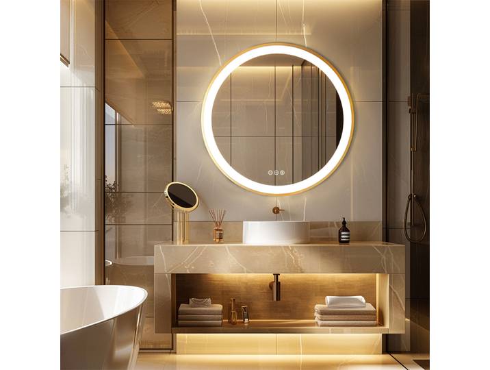 Miroir de salle de bain rond LUVODI de 32 pouces avec cadre doré et éclairage LED à intensité variable, miroir mural de toilette, 3 couleurs, anti-buée, miroir intelligent
