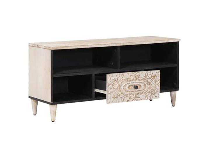 SKTQYQO TV-Schrank weiß 100 x 33,5 x 46 cm Mangoholz massiv Schwarze Metallbeine, minimalistisches Design, mehrere Aufbewahrungsfächer, breiter Boden, schnelle Montage