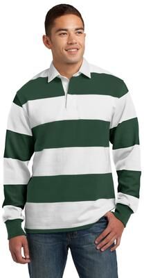 Sport-Tek ST301 Classic Long Sleeve Rugby Polo Shirt in Forest Green/White size 4XL   Cotton