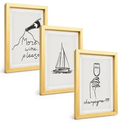 BILDER SET 3er Set - 20x30 cm Goldrahmen - Weinsegelboot-Glas-Linienzeichnung