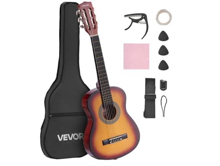 VEVOR Guitare Classique Débutants\, 78 cm\, Kit avec Cordes en Nylon\, Housse de Transport\, Sangle\, Accordeur\, Cordes Supplémentaires\, Médiators\, Capodastre\, en Tilleul\, pour Jeunes Enfants et Musiciens