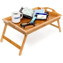 Relaxdays 2x Betttablett Bambus lackiert klappbar Hellbraun