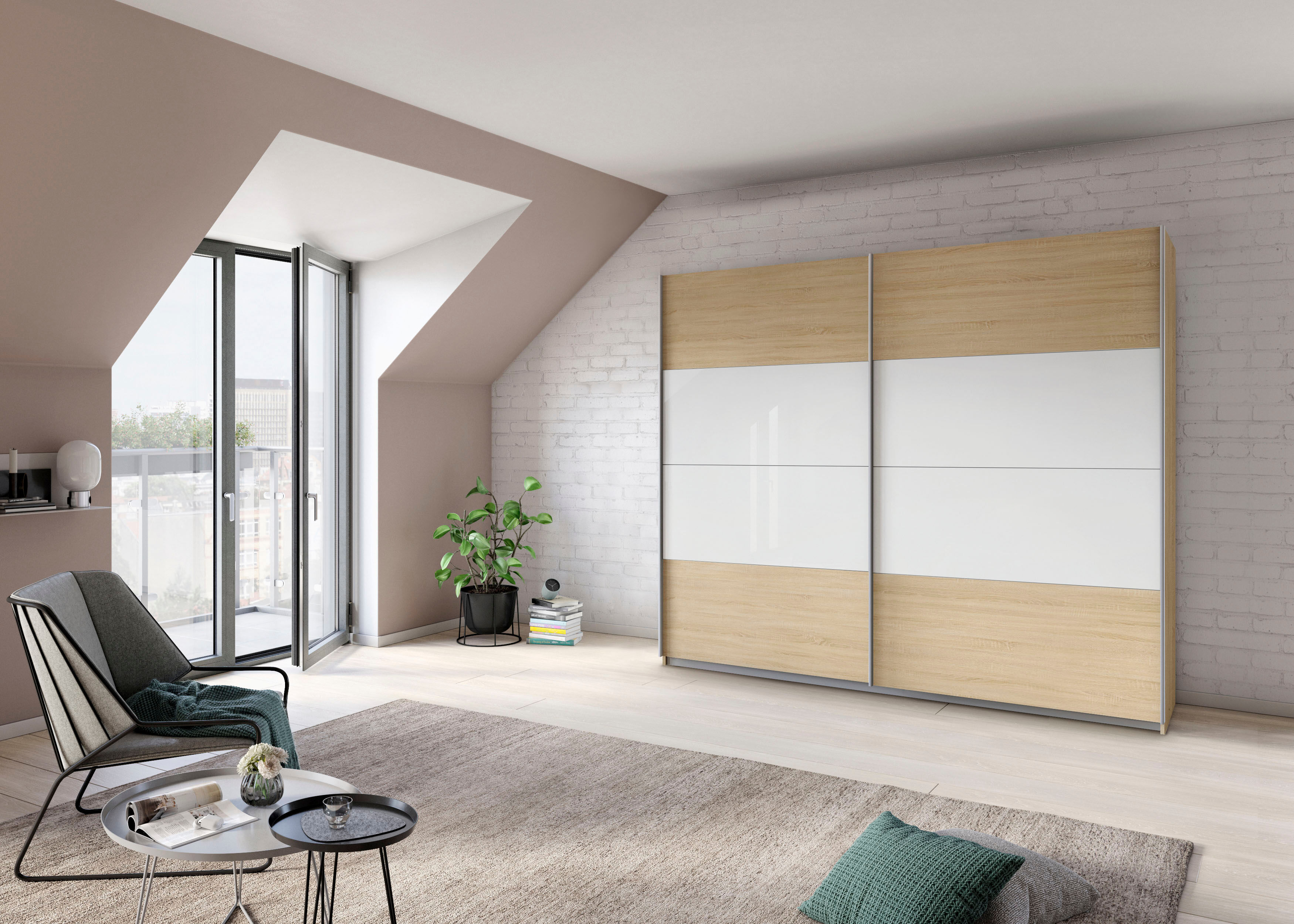 Schwebetürenschrank RAUCH "Quadra Schlafzimmerschrank in vielen Breiten", braun (struktureichefarben hell, weißglas), B:226cm H:230cm T:62cm, Holzwerkstoff, Schränke, Schwebetürenschrank, Kleiderschrank Garderobenschrank Schrank mit Glaselementen struktur
