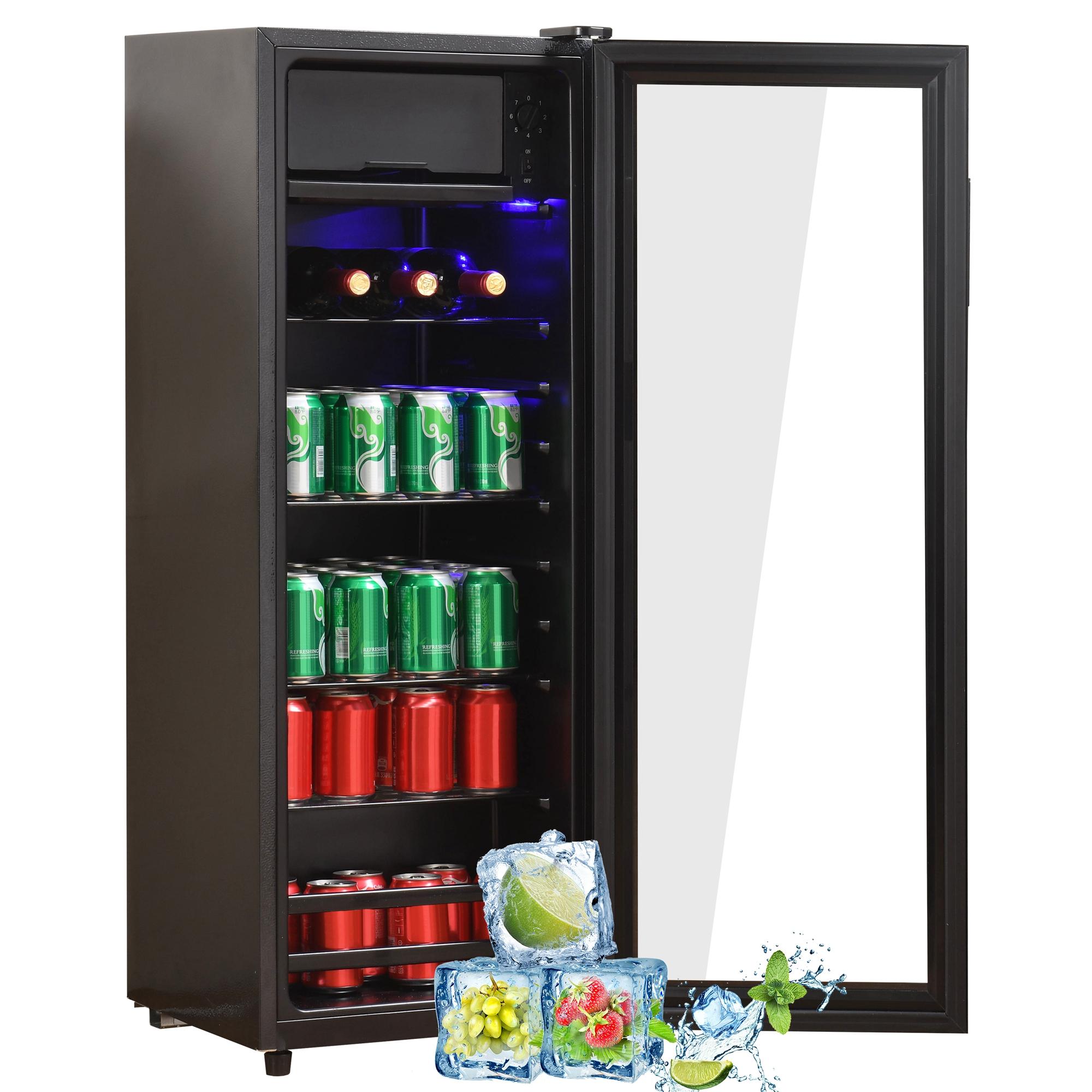 AIORBER Mini-Kühlschrank 128L, 8L Gefrierfach, leise, energieeffizient, LED, verstellbare Böden, Glastür, Kompressorkühlung, Edelstahl, Schwarz
